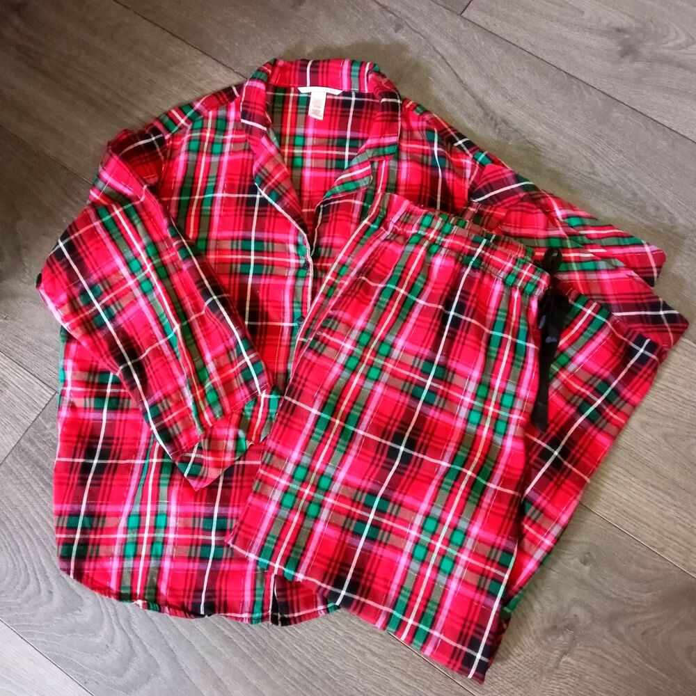 Victoria's Secret Red Plaid 2 Pc Pajamas Set XL Gold Sparkle Christmas Cotton